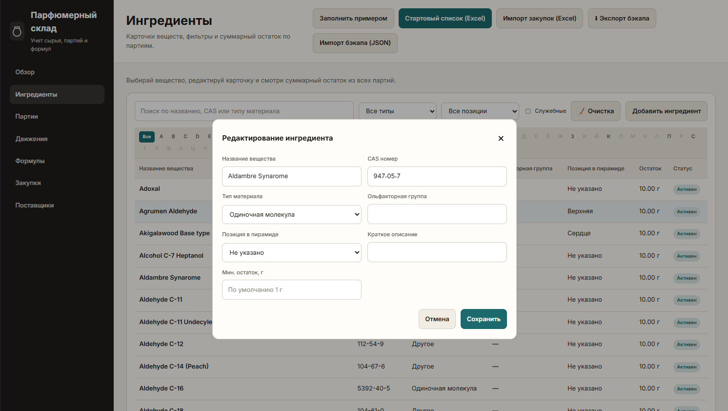 Редактирование ингредиента